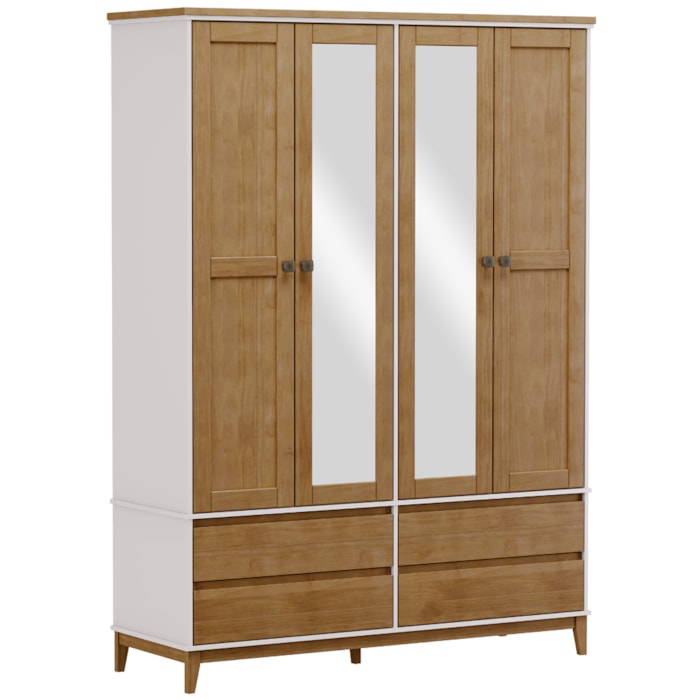 Guarda Roupa 4 Portas Bipartido Com Espelho MDF/Madeira Maciça 2803 Prata Off White Freijo FNT
