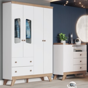 Guarda Roupa 4 Portas e Comoda 3 gavetas Confete Branco Jequitiba HP Henn