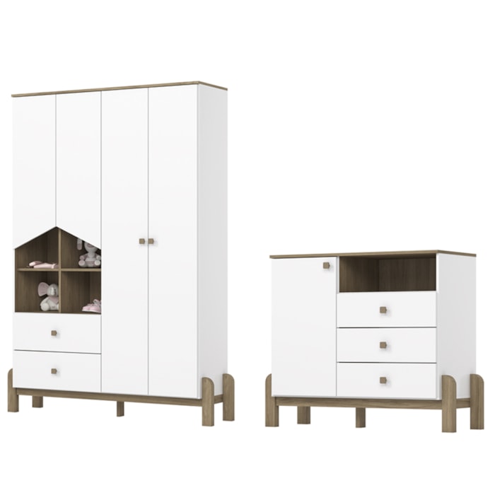 Guarda Roupa 4 Portas e Comoda 3 Gavetas Ternura Branco Jequitiba HP Henn