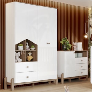 Guarda Roupa 4 Portas e Comoda 3 gavetas Ternura Branco Jequitiba HP Henn