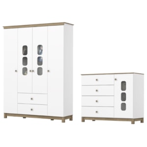 Guarda Roupa 4 Portas e Comoda 4 gavetas Aconchego Branco Jequitiba HP Henn