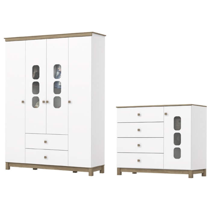 Guarda Roupa 4 Portas e Comoda 4 Gavetas Aconchego Branco Jequitiba HP Henn