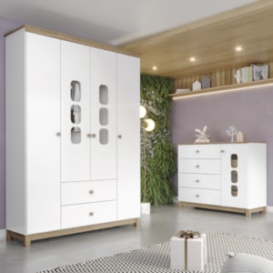 Guarda Roupa 4 Portas e Comoda 4 gavetas Aconchego Branco Jequitiba HP Henn