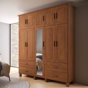 Guarda Roupa Casal 10 Portas Com Espelho 195 cm Madeira Macica Taeda 1145C Castanho Festra