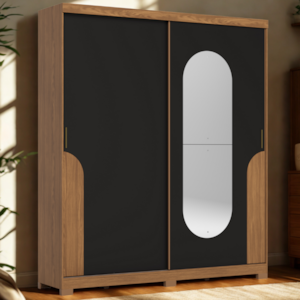 Guarda Roupa Casal 2 Portas Com Espelho 200 cm Talles Nature Preto HP HENN