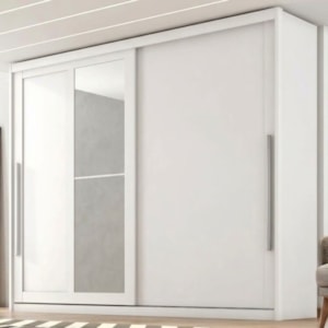 Guarda Roupa Casal 2 Portas De Correr Com Espelho MDF Atrane 268 cm Branco Absoluto ZANZ