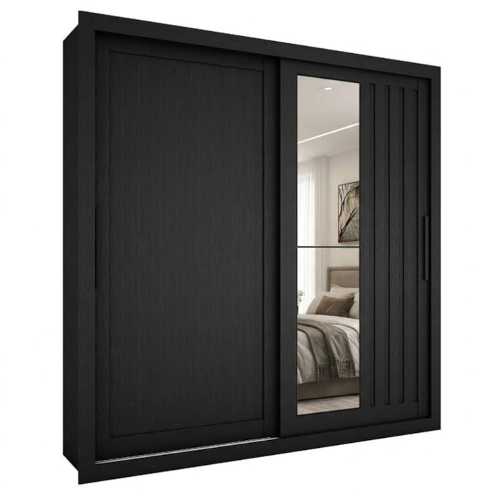 Guarda Roupa Casal 2 Portas de Correr Com Espelho Trian 220 cm Preto ZANZ