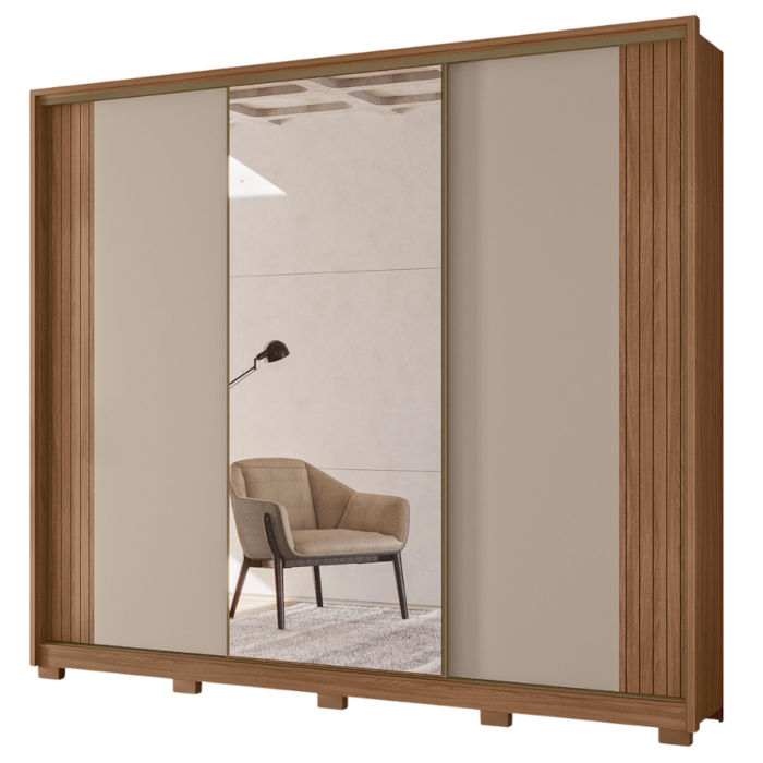 Guarda Roupa Casal 3 Portas De Correr 260 cm Com Espelho Nevada Carvalho Fendi Moval