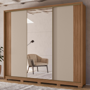 Guarda Roupa Casal 3 Portas De Correr 260 cm Com Espelho Nevada Carvalho Fendi Moval