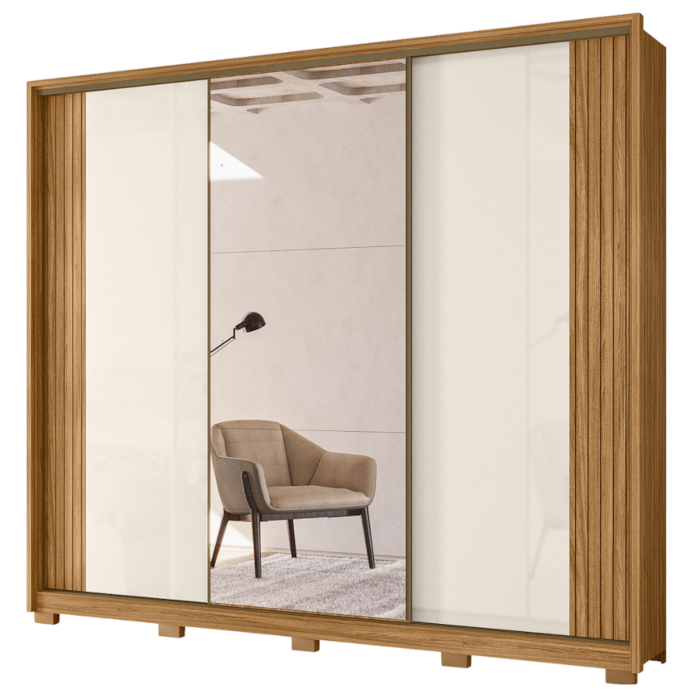 Guarda Roupa Casal 3 Portas De Correr 260 cm Com Espelho Nevada Freijo Off White Moval