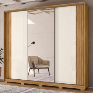 Guarda Roupa Casal 3 Portas De Correr 260 cm Com Espelho Nevada Freijo Off White Moval