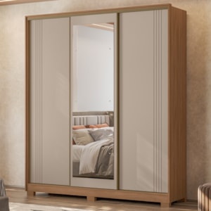 Guarda Roupa Casal 3 Portas de Correr Com Espelho 195 cm Dallas Carvalho Fendi Moval
