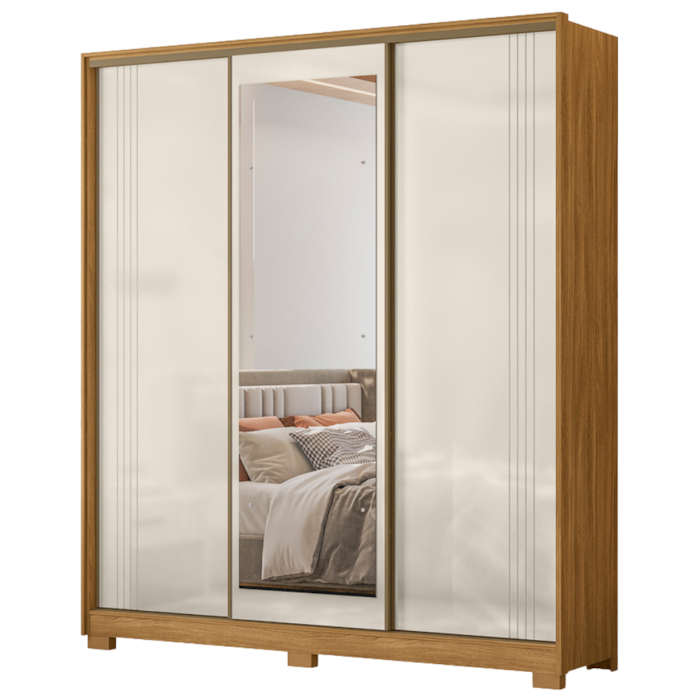 Guarda Roupa Casal 3 Portas de Correr Com Espelho 195 cm Dallas Freijo Off White Moval