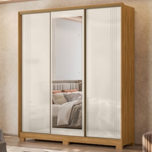 Guarda Roupa Casal 3 Portas de Correr Com Espelho 195 cm Dallas Freijo Off White Moval