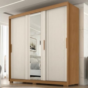 Guarda Roupa Casal 3 Portas de Correr Com Espelho Confo 190 cm Cinamomo Areia ZANZ