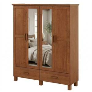 Guarda Roupa Casal 4 Portas Com Espelho 157 cm Madeira Macica Taeda 1142C Castanho Festra