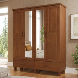 Guarda Roupa Casal 4 Portas Com Espelho 157 cm Madeira Macica Taeda 1142C Castanho Festra
