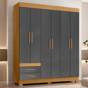 Guarda Roupa Casal 6 Portas 2 Gavetas 160 cm New Recife Freijo Grafite Acetinado POLIMAN