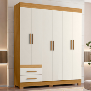 Guarda Roupa Casal 6 Portas 2 Gavetas 160 cm New Recife Freijo Off Acetinado POLIMAN