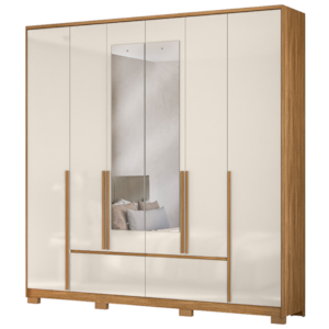 Guarda Roupa Casal 6 Portas 217 cm Com Espelho Denver Freijo Off White Moval