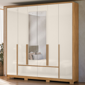 Guarda Roupa Casal 6 Portas 217 cm Com Espelho Denver Freijo Off White Moval