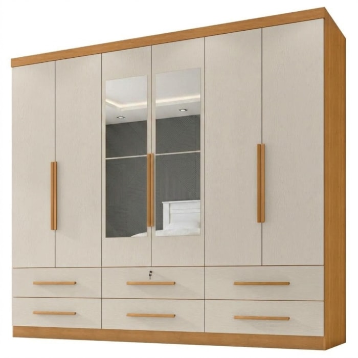 Guarda Roupa Casal 6 Portas Com Espelho Mari 230 cm Cinamomo Areia ZANZ