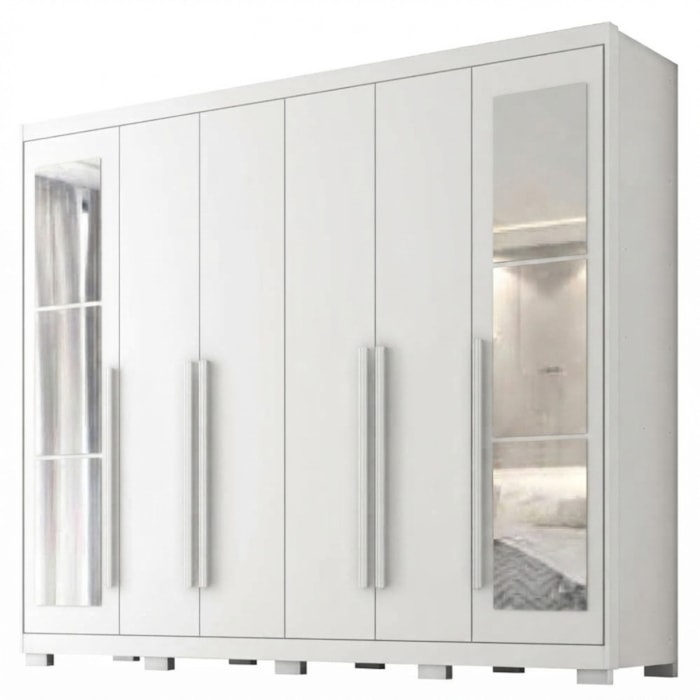 Guarda Roupa Casal 6 Portas Com Espelho MDF Platina 236 cm Branco Absoluto ZANZ