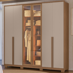 Guarda Roupa Casal 6 Portas Vidro Reflecta Com Led 240 cm Atacama Carvalho Fendi Moval