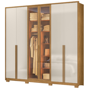 Guarda Roupa Casal 6 Portas Vidro Reflecta Com Led 240 cm Atacama Freijo Off White Moval