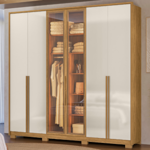 Guarda Roupa Casal 6 Portas Vidro Reflecta Com Led 240 cm Atacama Freijo Off White Moval