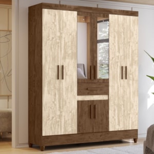 Guarda Roupa Casal 6P Espelho 165 cm Portugal Castanho Wood Avela Wood Moval