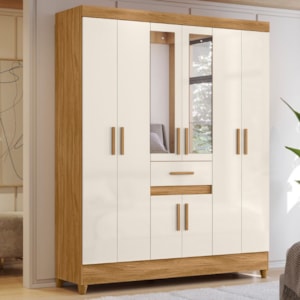 Guarda Roupa Casal 8P Espelho 165 cm Portugal Freijo Off White Moval