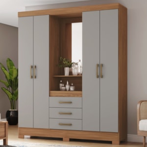 Guarda Roupa Casal Capelinha Com Espelho 163 cm B24 Nature Cinza Briz