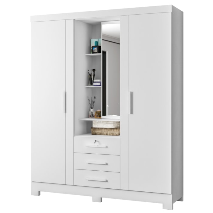 Guarda Roupa Casal Com Espelho 3 Portas 3 Gavetas Capelinha 166 cm Branco Absoluto ZANZ