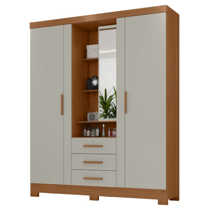 Guarda Roupa Casal Com Espelho 3 Portas 3 Gavetas Capelinha 166 cm Cinamomo Areia ZANZ