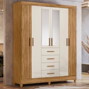 Guarda Roupa Casal Espelho 6P 165 cm Aruba Freijo Off White Friso Moval