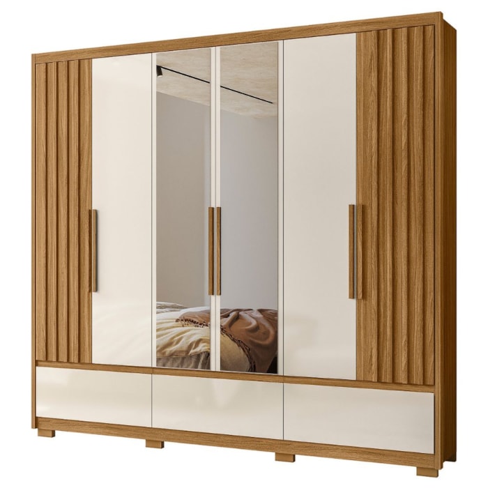 Guarda Roupa Casal Espelho 6P 240 cm Amazonas Freijo Off White Moval