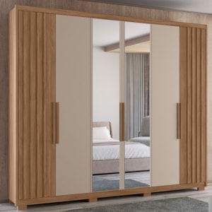 Guarda Roupa Casal Espelho 6P 260 cm Araguaia Carvalho Fendi Moval