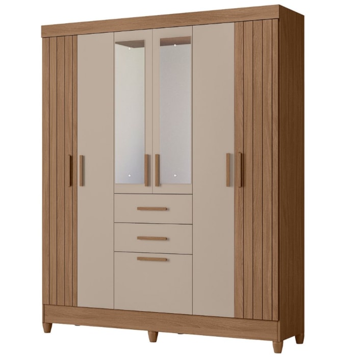 Guarda Roupa Casal Espelho 7P 165 cm Malta Carvalho Fendi Friso Moval
