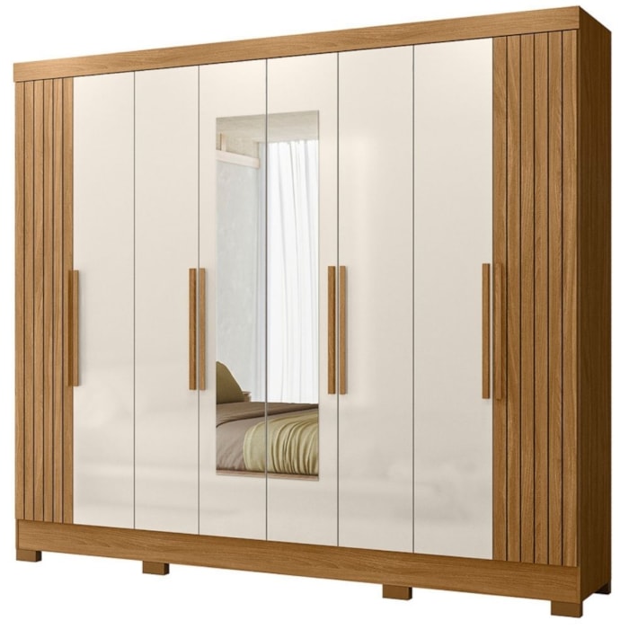 Guarda Roupa Casal Espelho 8P 236 cm Diplomata Freijo Off White Friso Moval