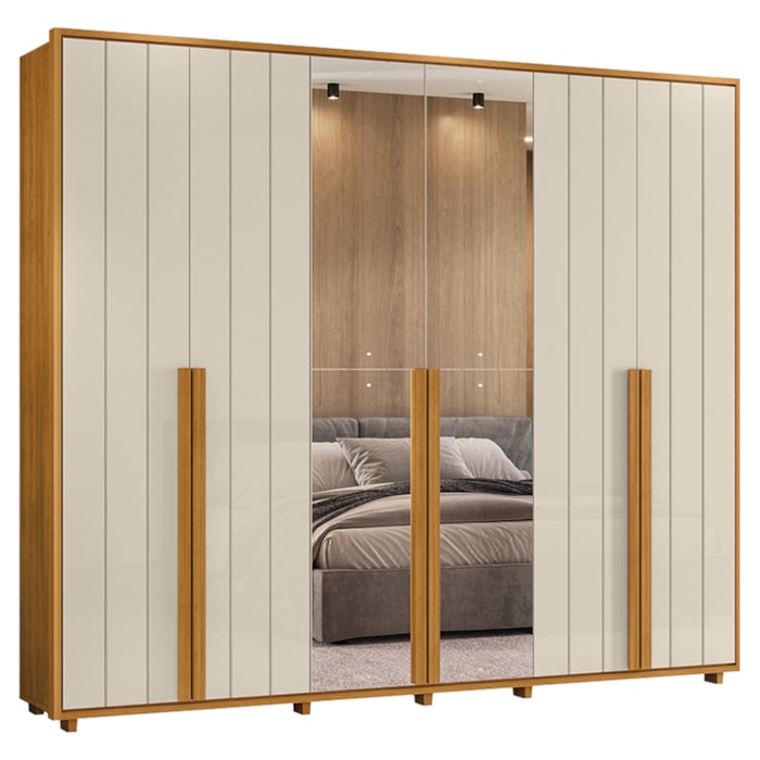 Guarda Roupa Casal Volpi 6 Portas Com Espelhos MDF 278 cm Cinamomo Off White Madetec