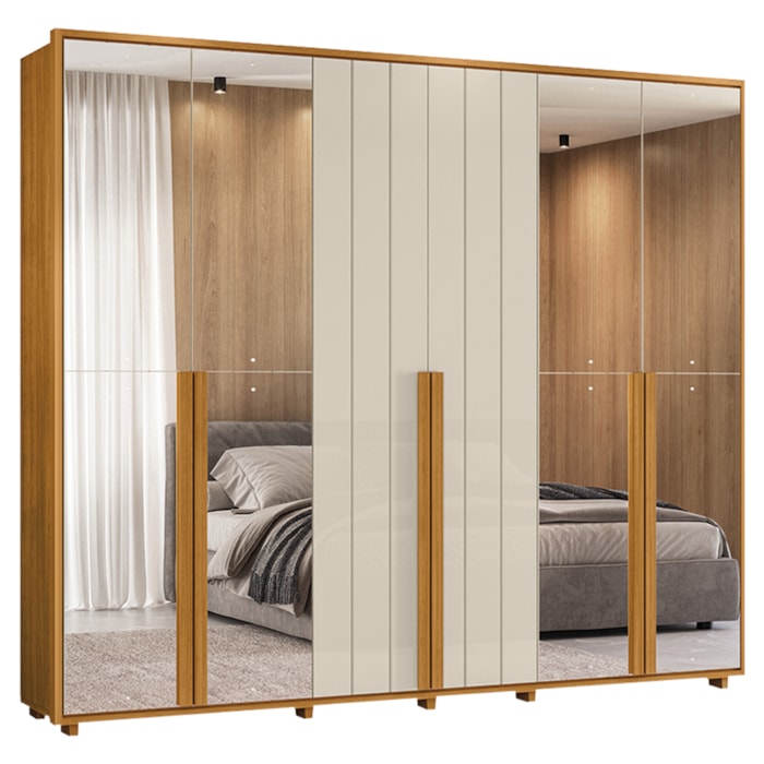 Guarda Roupa Casal Volpi 6 Portas Com Espelhos MDF 278 cm Cinamomo Off White Madetec