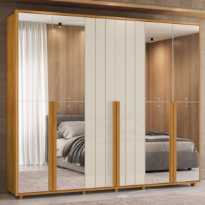 Guarda Roupa Casal Volpi 6 Portas Com Espelhos MDF 278 cm Cinamomo Off White Madetec