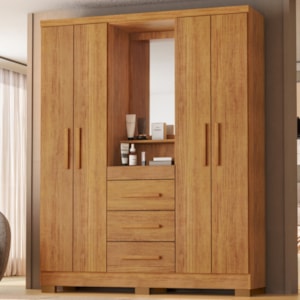 Guarda Roupa Com Capela 4 Portas 3 Gavetas 148 cm Lyon Cedro RUDK