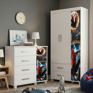 Guarda Roupa Infantil 3 Portas 2 Gavetas e Comoda 4 Gavetas 1 Porta MDF Livia Aranha Decmade