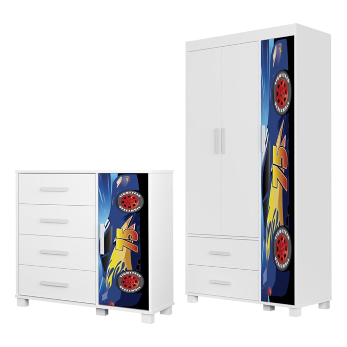 Guarda Roupa Infantil 3 Portas 2 Gavetas e Comoda 4 Gavetas 1 Porta MDF Livia Azul Decmade