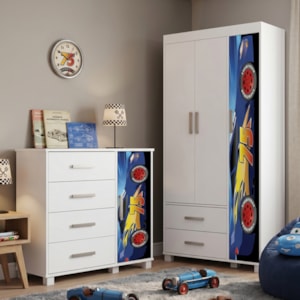 Guarda Roupa Infantil 3 Portas 2 Gavetas e Comoda 4 Gavetas 1 Porta MDF Livia Azul Decmade