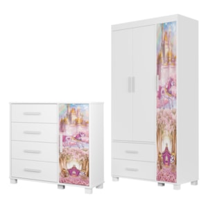 Guarda Roupa Infantil 3 Portas 2 Gavetas e Comoda 4 Gavetas 1 Porta MDF Livia Carruagem Decmade