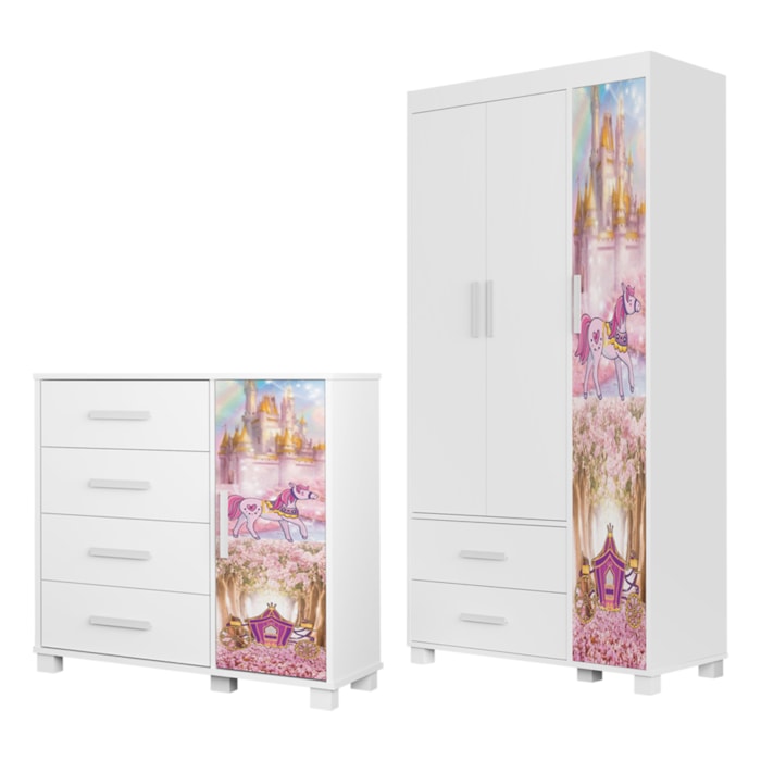 Guarda Roupa Infantil 3 Portas 2 Gavetas e Comoda 4 Gavetas 1 Porta MDF Livia Carruagem Decmade