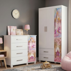 Guarda Roupa Infantil 3 Portas 2 Gavetas e Comoda 4 Gavetas 1 Porta MDF Livia Carruagem Decmade